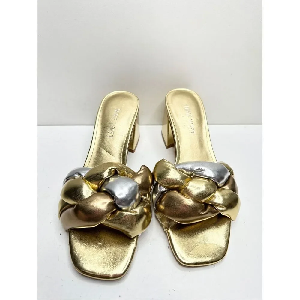 Nine West Sandals Womens Size 5 Got it Woven Square Toe‎ Slip On Block Heel